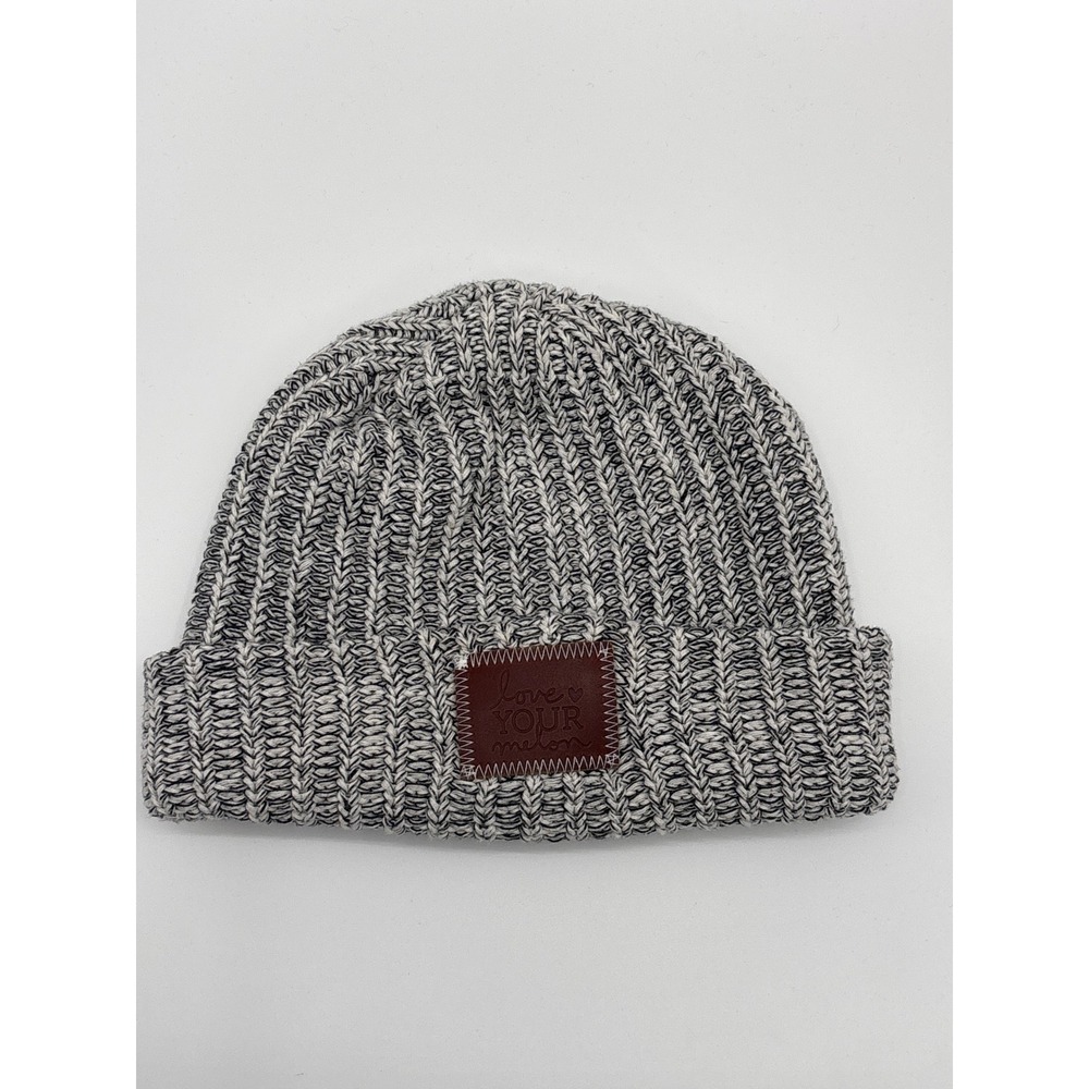 Love Your Melon‎ Knit Beanie Hat Grey Black Speckled Leather Patch